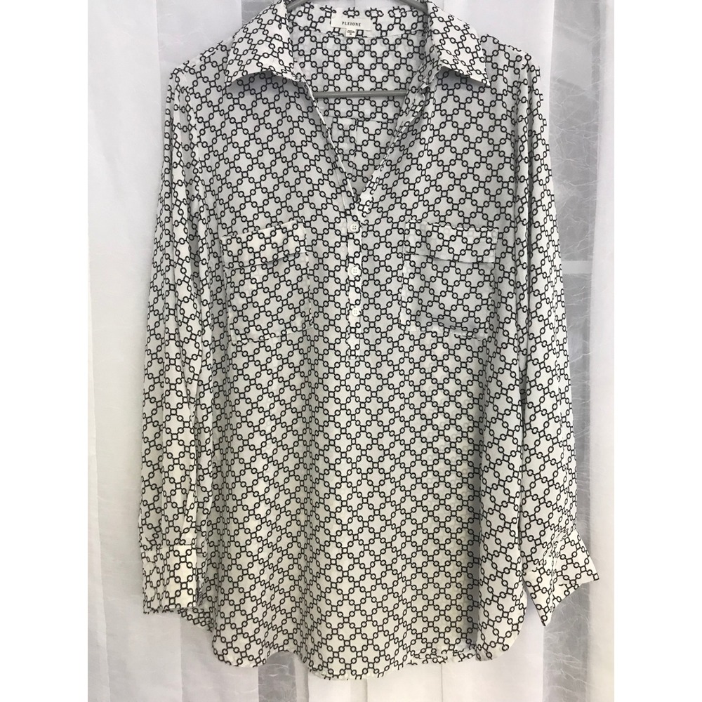 Pleione Womens Black White Chain Link Print Long Sleeve Button Front Blouse M
